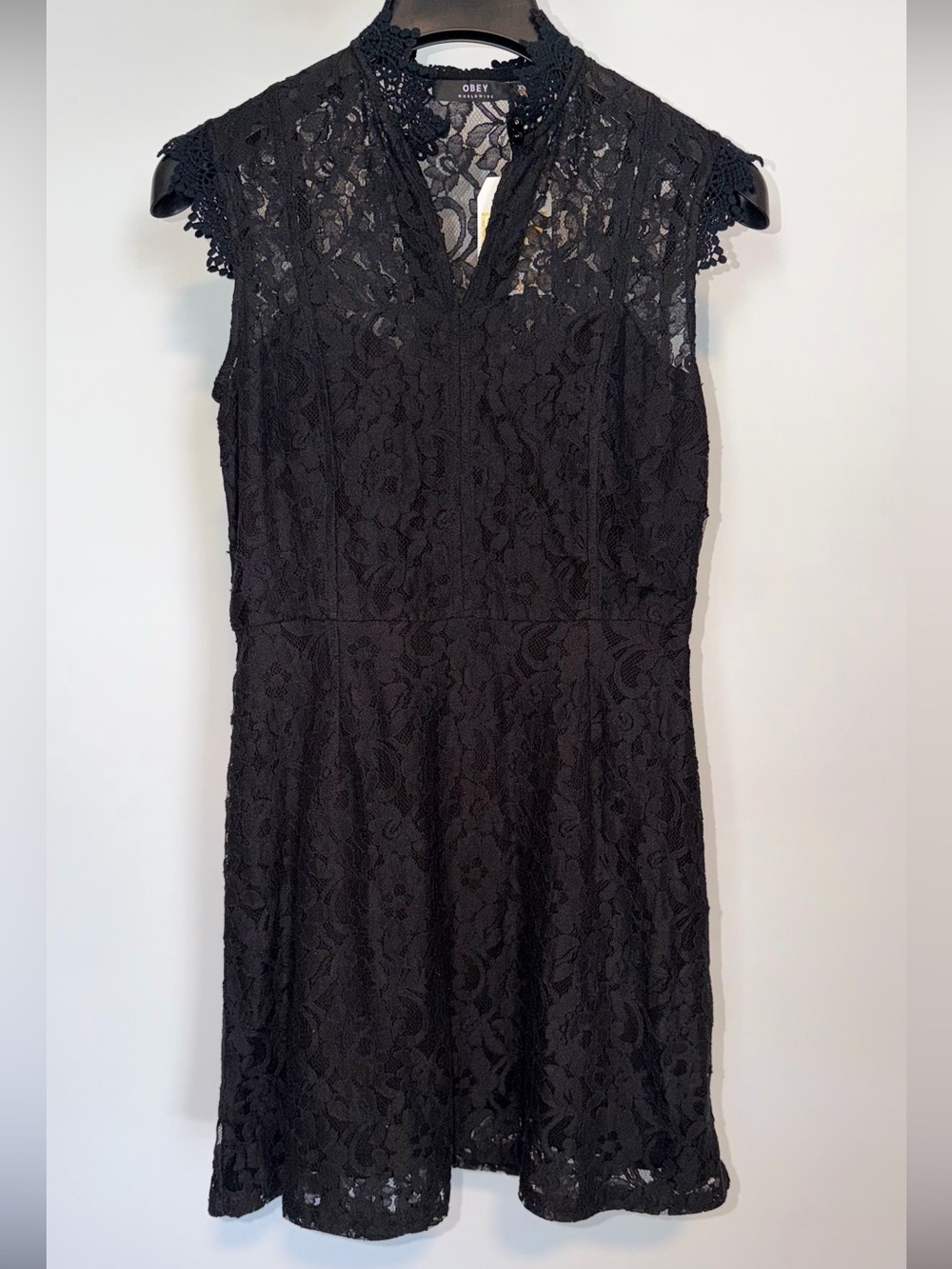 Obey Black Lace Cap-Sleeve V-Neck Mini Dress with Scalloped Trim